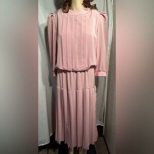 WOMENS VINTAGE SIZE 9-10 MAUVE PINK ROSE PLEATED 3/4 SLEEVE DROP WAIST DRESS